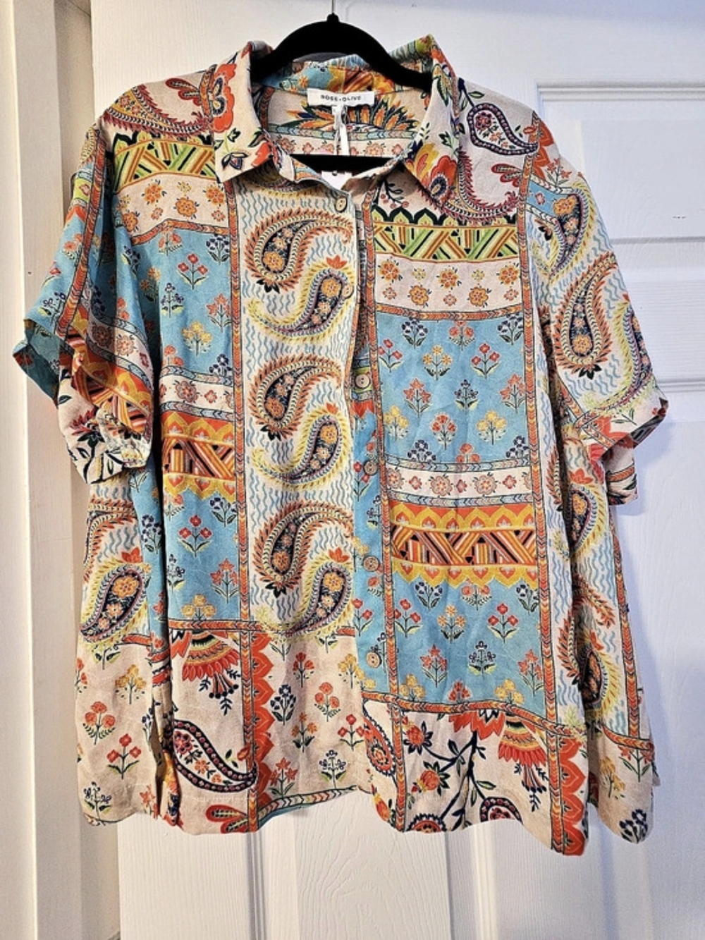 Rose + Olive Patchwork Paisley Button-Down Blouse Blue & Orange XL